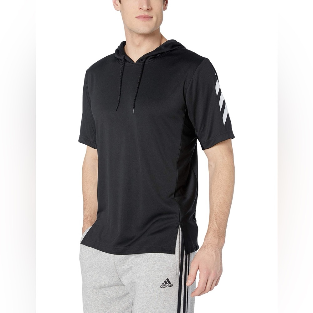 adidas Black Short-Sleeve Hoodie with White Stripe Accents